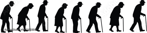 Walking cane silhouettes, elderly progression icons, aging poses, formal outfit figures, hat-wearing seniors, vector lifestyle design, mobility support artwork