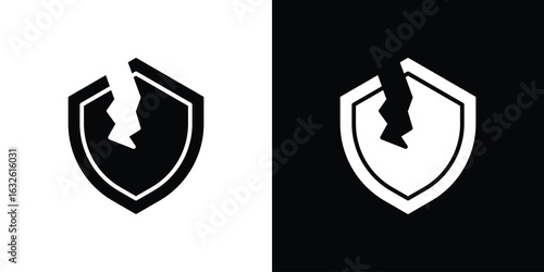 Broken shield icon in flat style, filled black symbol