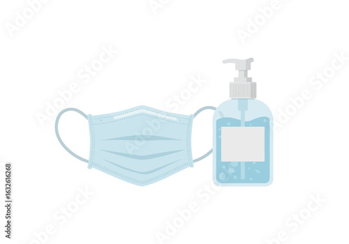 A light blue face mask sits next to a clear hand sanitizer bottle with a white label