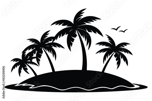 Tropical Paradise Island with Palm Trees and Birds Silhouette on White