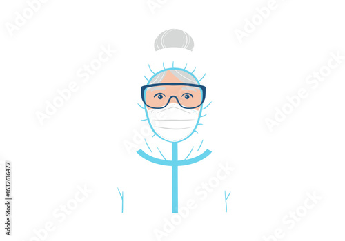 An illustration depicts a person in protective medical gear including glasses and a mask