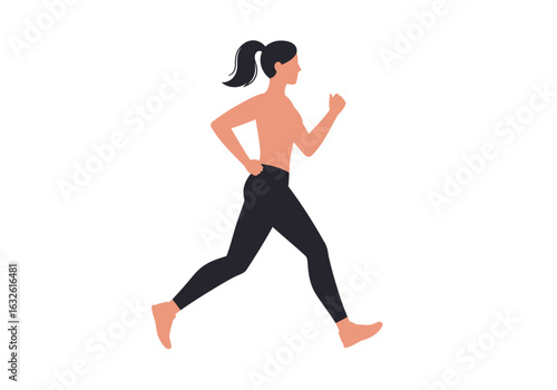 A woman is running wearing black leggings with her hair in a ponytail