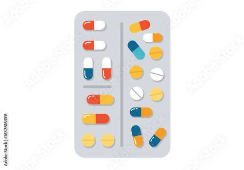 An open blister pack of various pills and capsules