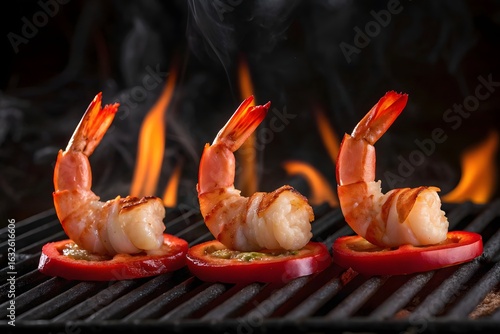 Grilled shrimp on sliced red bell pepper over flaming barbecue grill, gourmet seafood cooking with fire and smoke