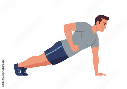 Man doing pushup exercise wearing gray shirt and blue shorts against a white background