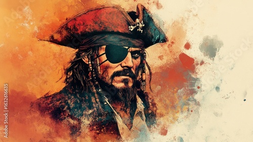 A stylized portrait of a pirate with an eye patch and a tricorn hat, set against a colorful background.