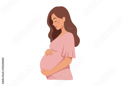 Pregnant woman in a pink dress holds her belly smiling softly