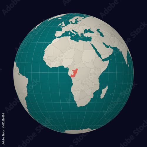 Republic of the Congo on the map. Globe centered to Republic of the Congo. Country location on the world map. Teal Pale Mint color palette. Globe with countries, meridians and parallels.
