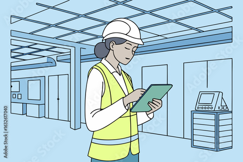Portrait of a confident Latin female engineer in a white hard hat walking through a modern factory, inspecting high-tech machinery and overseeing production.