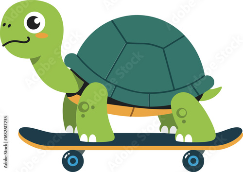 Cartoon turtle riding skateboard with happy expression and green shell on white background digital illustration