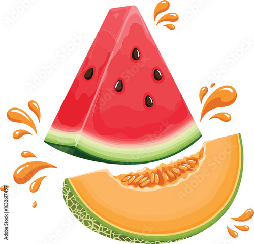 Watermelon slice and cantaloupe melon segment with juice splashes fresh and vibrant fruit illustration