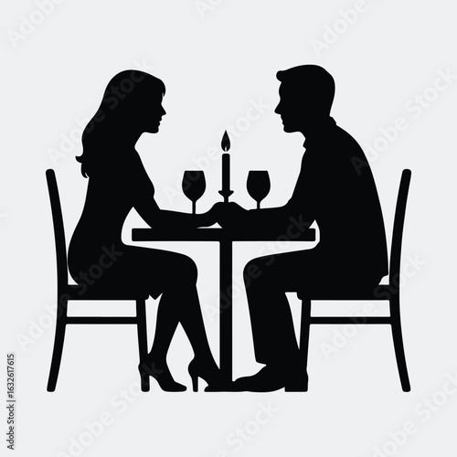 Silhouette romantic couple dating in restaurant dinner vector illustration