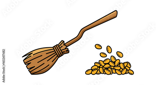 A broom with a wooden handle sweeping up a pile of golden coins on a white background illustration
