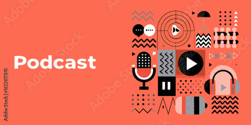 Podcast audio recording and playback icons with abstract design