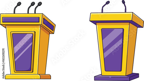 Yellow and purple podiums with microphones for public speaking or presentations in a simple cartoon style