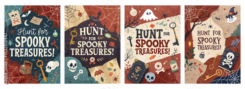 Set of four Halloween posters with spooky treasure hunt illustrations and vibrant dark backgrounds