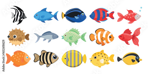 Colorful Underwater World: A Collection of 15 Cute Cartoon Fish Illustrations