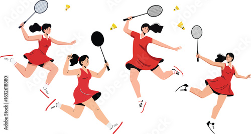 Woman playing badminton in red dress jumping and hitting shuttlecock multiple action poses dynamic sports activity