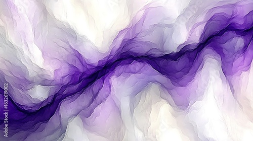 Abstract design with flowing, layered shades of purple and white.