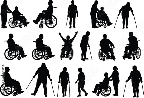 Disability silhouettes, inclusive mobility icons, editable vector pack, accessibility artwork, caregiver figures, crutch and wheelchair users, diverse gesture set