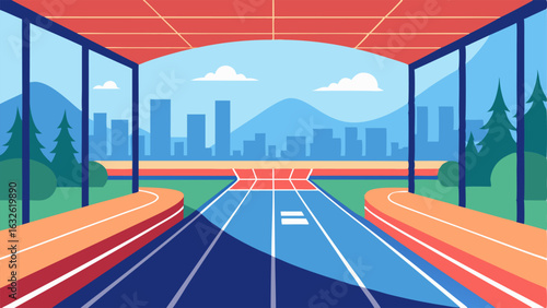 An indoor track for running and jogging with views of the surrounding community through large windows.