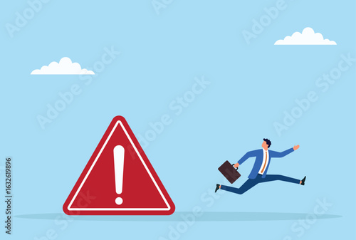 Vector illustration of a businessman running away from a warning sign, symbolizing the avoidance of potential risks, dangers, or critical alerts in the business world
