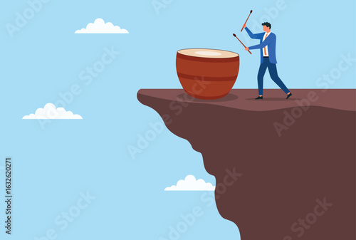Vector illustration of a businessman playing an announcement drum atop a mountain, symbolizing making important declarations, leadership, and broadcasting key messages from a position of prominence
