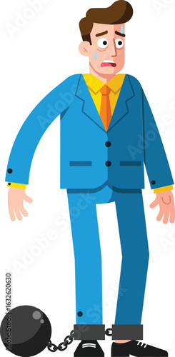 Businessman in blue suit with ball and chain struggling with burden and stress in office environment