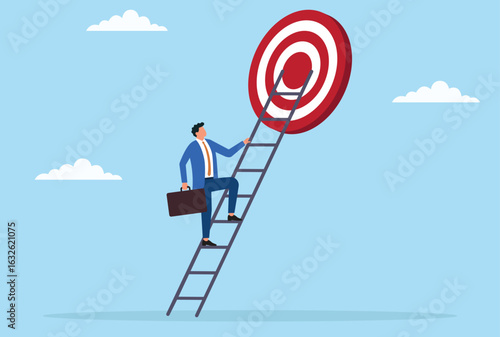 Vector illustration of a businessman climbing a ladder toward a target, symbolizing ambition, goal achievement, career progress, success, and business growth
