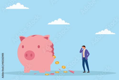 Vector illustration of an upset businessman standing near a broken piggy bank, symbolizing financial loss, economic crisis, savings failure, or business setback
