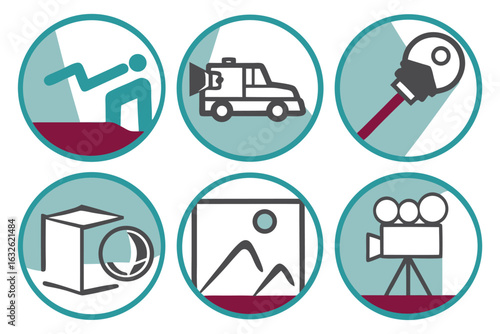 Colorful geometric icons representing industry and progress set of technology