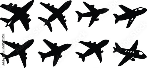 Minimalist black and white passenger jet aircraft silhouette in clean vector style, perfect for simple aviation logos, travel icons, and modern graphic designs.