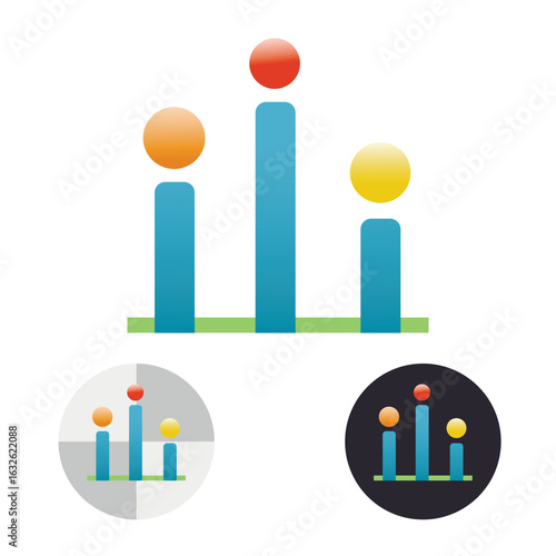 Vector illustration of a bar chart consisting of bars and circles. Leadership position of one person over another. First, second and third place illustration.