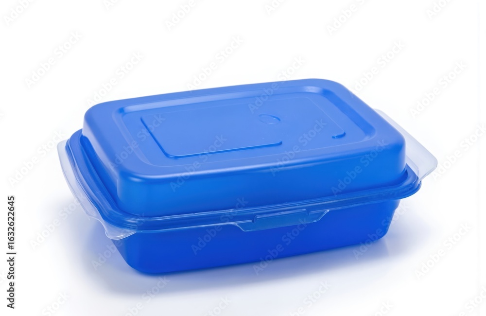 Blue rectangular Tupperware container with clear lid sits open on white background. Empty container with no visible food or contents inside. Clear lid positioned slightly above top of container. Blue rectangular Tupperware container with clear lid sits open on white background. Empty container with no visible food or contents inside. Clear lid positioned slightly above top of container.