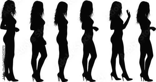 Female silhouette set, high heels, confident poses, elegant style, vector icons, isolated figures, fashion graphic, editable black artwork