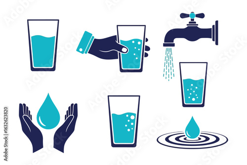 Vector vector art of collection of water icons tap, glass, drop, and hands isolated on white background