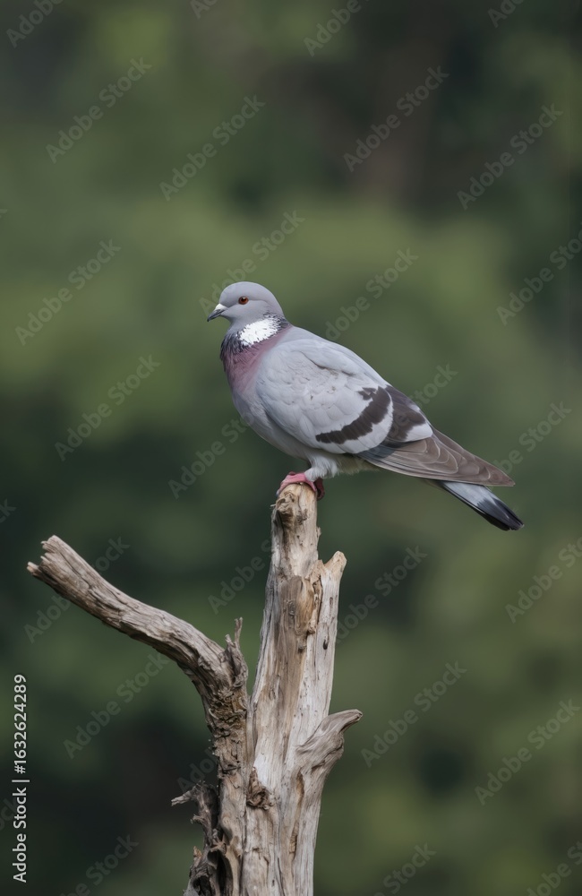 Obraz premium Gray pigeon perched confidently on weathered tree trunk in forest. Young bird wings folded against chest. Fallen leaves on ground beneath tree. Woodland scene with muted colors. Bird faces right,