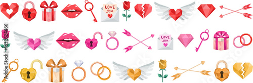 valentine’s day low poly vector icons set - hearts rings flowers gifts keys and arrows geometric polygonal love symbols