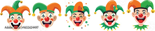 Colorful jester clown faces with playful expressions and festive hats in vibrant green and orange tones for carnival and celebration themes