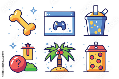 Colorful set of icons featuring a bone a game controller a drink a gift a palm tree and a pizza vector