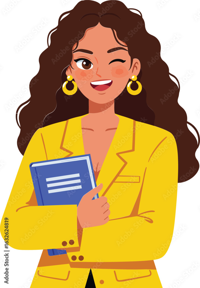 Young woman winking holding blue book wearing yellow blazer with curly hair vector illustration Young woman winking holding blue book wearing yellow blazer with curly hair vector illustration