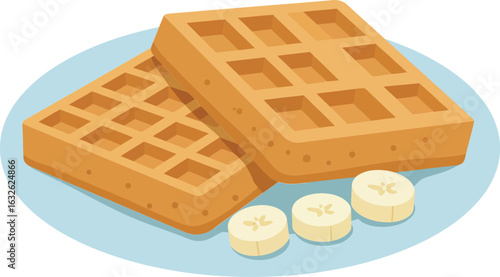 Two golden brown waffles served on blue plate with banana slices fresh breakfast food illustration