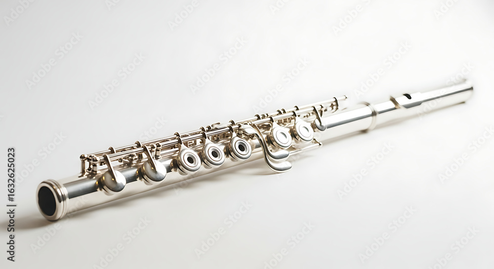 Fototapeta premium Close up shot of a silver flute lying on a white surface with visible keys and intricate mechanisms ai generated