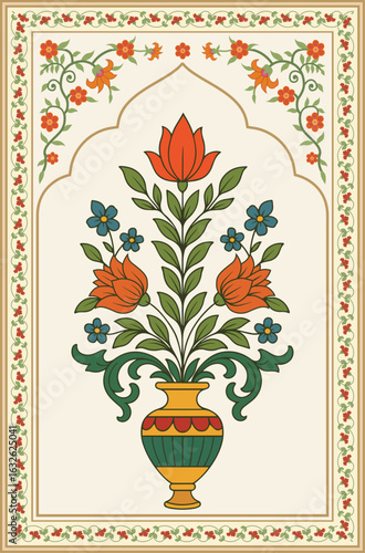 Traditional Mughal flower motif. India wall decor flower Painting. Mughal wall paintings, botanical floral ethnic motif