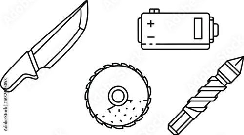 Vector icon sheet a knife, battery, saw blade, and drill bit, , ideal for representing tools, power, and various construction or repair tasks