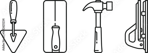 Vector icon sheet of construction and repair tool featuring a trowel, adhesive strip, hammer, and level in a line art style for home improvement