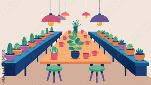 A long communal table adorned with vibrant succulents and hanging pendant lights inviting students to sit and eat together.