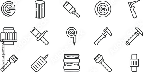vector icon sheet of various industrial tools and equipment, including cutters, grinders, welders, brushes, and rollers for engineering projects