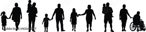 Silhouettes of Family Bonding, Diverse Family Members Holding Hands, Parents with Children, Elderly and Disabled Family Support, Multigenerational Love, Care, and Togetherness in Black and White
