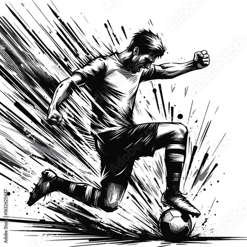 A bold artistic illustration of a soccer player, captured in motion with dramatic black and white splashes, showcasing determination and energy in every stroke and line.